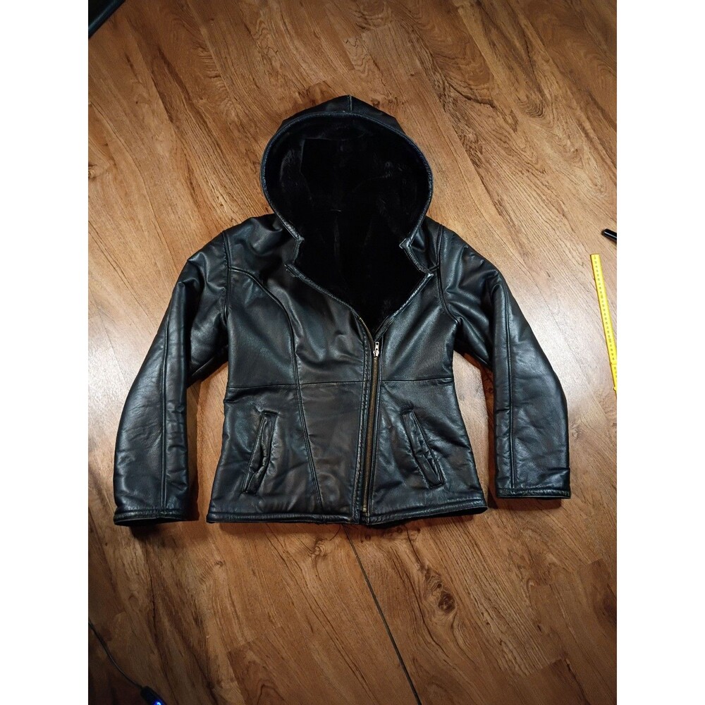 Wilsons Leather Hooded Jacket Womens M Black Fur Lined